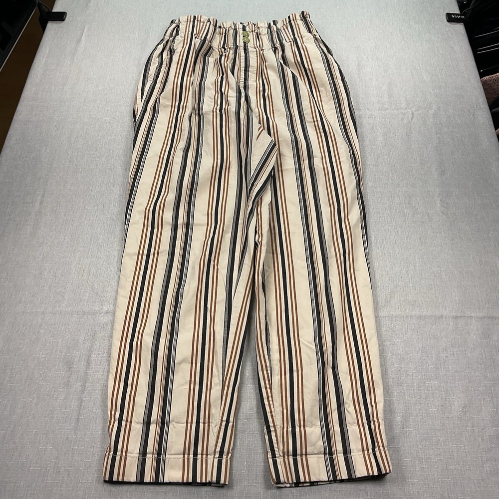 Loft Outet High Rise Straight Brown/Cream/Black Stripped Button Pants Size S